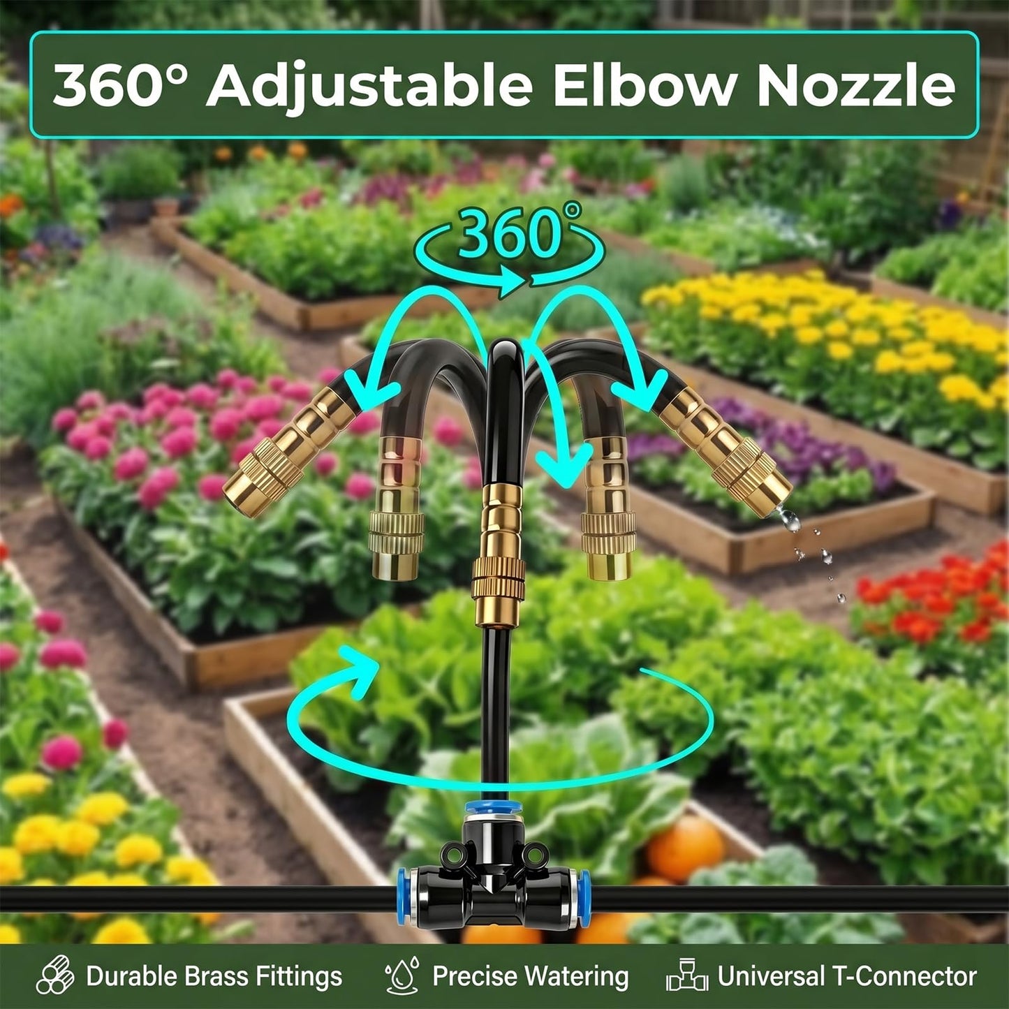 2026-Upgrade 100Ft 1/4" Drip Irrigation System,Garden Watering Kit with 20Pcs 360° Adjustable Copper Nozzles,Automatic Atomizing Sprinkler,DIY for Outdoor,Lawn,Greenhouse,Raised Beds (100FT/20pcs)