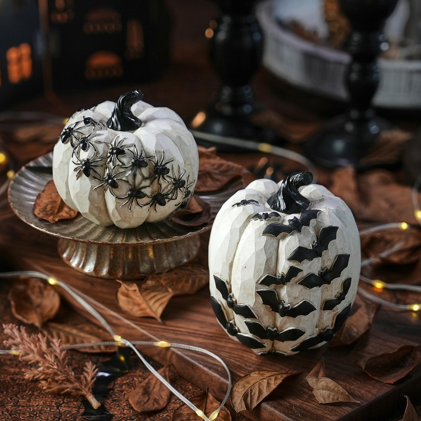 FESTGLOX Resin Halloween Pumpkins with Bats and Spiders, 2Pcs White and Black Pumpkin Decor, Small Decorative Pumpkin for Halloween Decorations, Home Tabletop Indoor Party Decor
