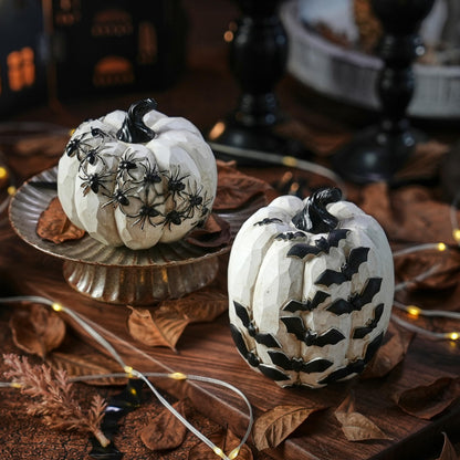 FESTGLOX Resin Halloween Pumpkins with Bats and Spiders, 2Pcs White and Black Pumpkin Decor, Small Decorative Pumpkin for Halloween Decorations, Home Tabletop Indoor Party Decor