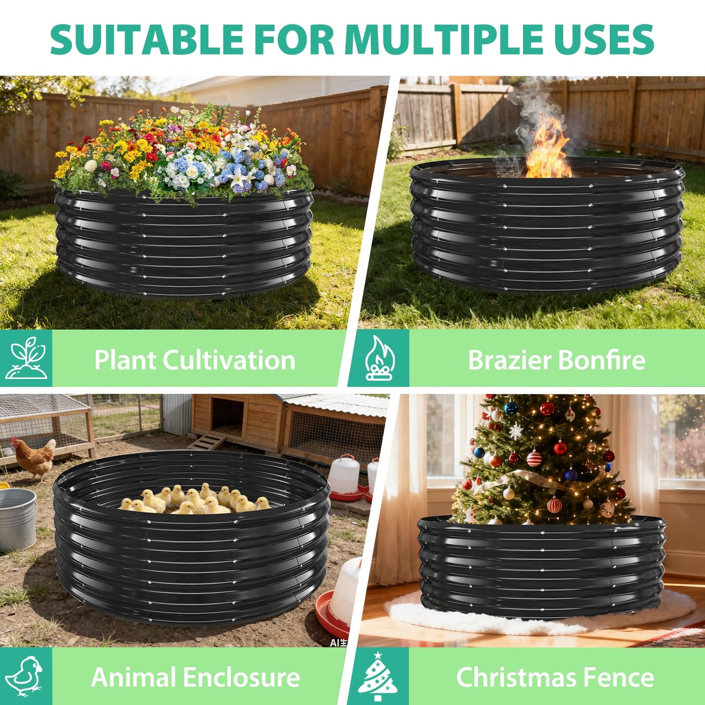 YSEJOMP 17" Tall Round Outdoor Garden Raised Garden Bed Kits-0.8MM Thick Metal Raised Planter Bed/Ground Planter Box for Variety of Flowers,Herbs,Vegetables,Trees (Black, 48 Dia X 16.5inches)