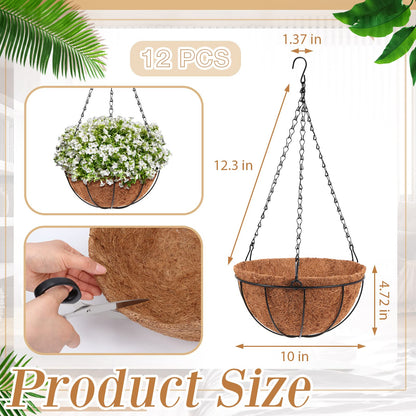 Dandat 12 Pack Hanging Planter Basket Outdoor Large Hanging Flower Pots Indoor 10 inch with Coco Coir Liner Round Wire Plant Holder Chain Basket Garden for Home Decor Balcony Office