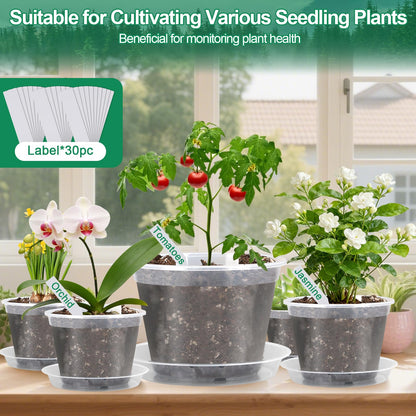 Modacraft 26 Pack Clear Plastic Nursery Pot for Plants with Saucers, 2 Garden Tools and 30 Labels, Variety Clear Nursery Planter with Drainage Holes for Indoor Outdoor (3.1/3.5/3.9/5.1/5.9/7.1 inch)