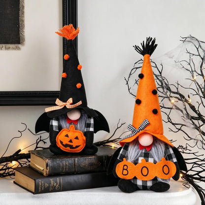 Ni-JASW Halloween Plush Gnomes Set of 2, Spooky Orange Black Bats Boo Swedish Tomte Elf Figurines Tiered Tray Decor