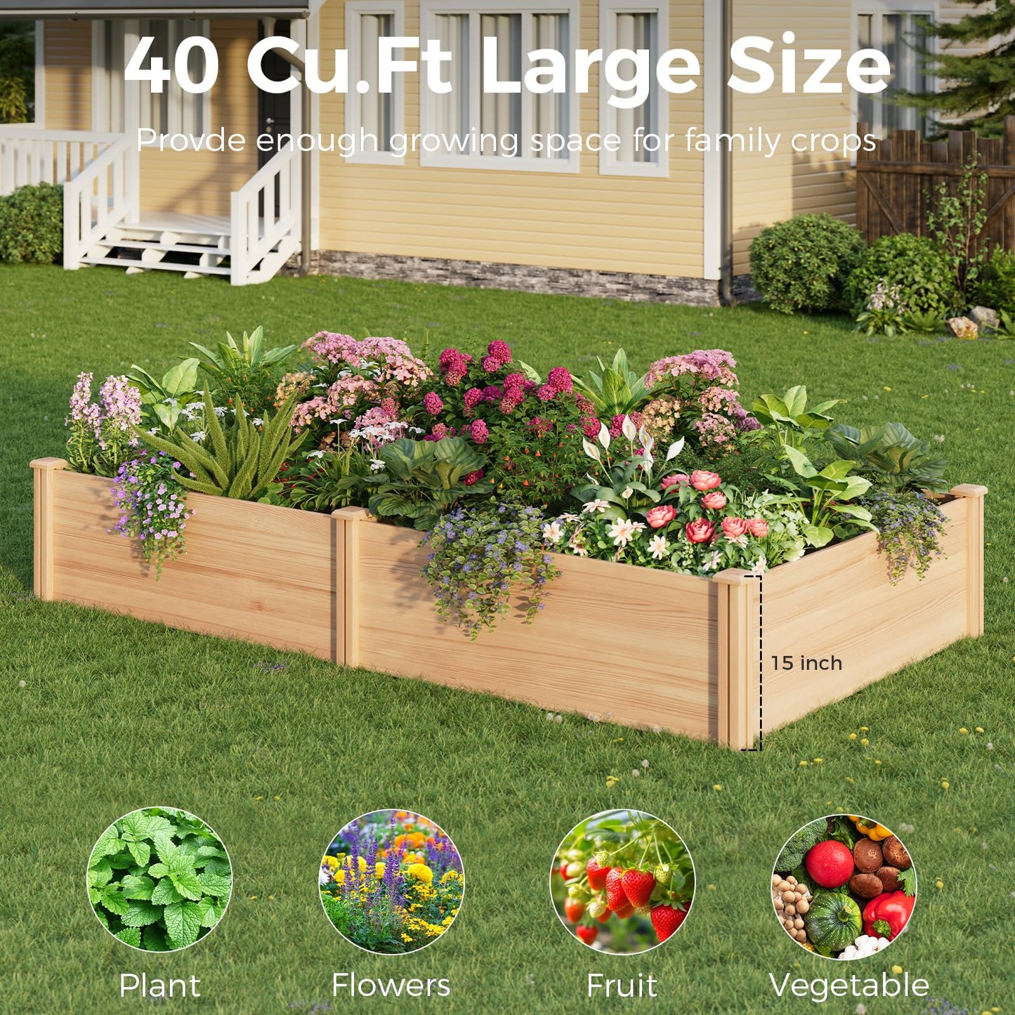 ZIENLIFE Raised Garden Bed for Outdoor, 8x4 Ft Wood Garden Bed with 15 Inch Depth for Flowers/Vegetables/Herbs in Backyard Patio Outdoor, Open Base Bottom Planter Box