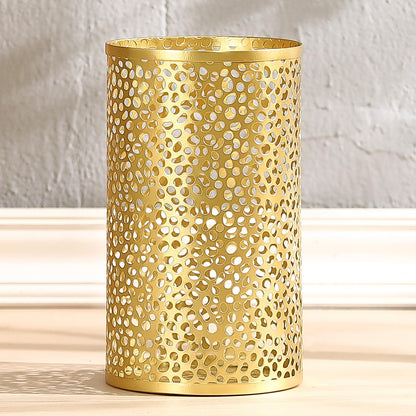 TICKCACY Metal Gold Trash Can, Modern Gold Garbage Can for Office, Cylindrical Metal Waste Basket for Bathroom Bedroom, 7" D x 12" H