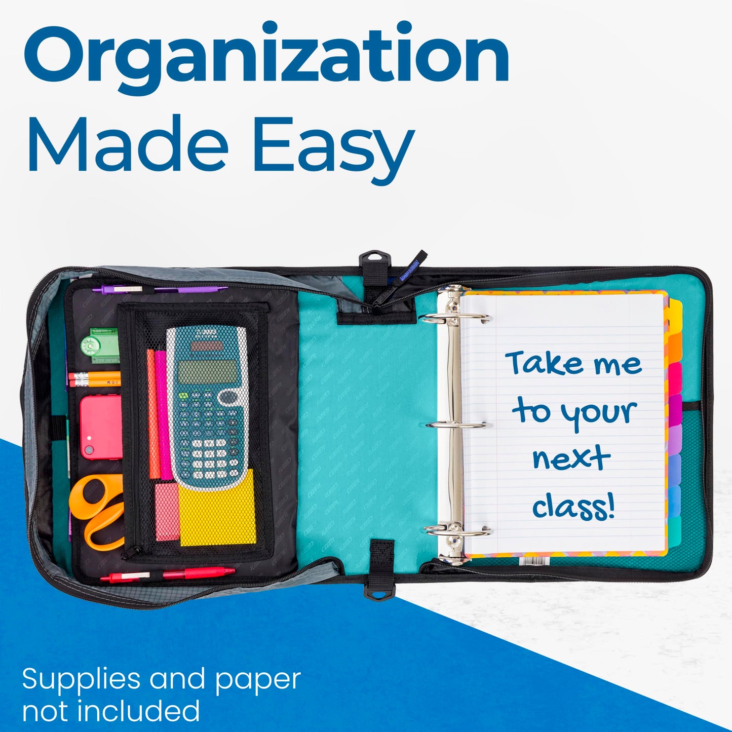 Case-it Mighty Zip Tab School Zipper Binder | 3-Inch O-Rings, 600-Sheet Capacity, 5-Subject Expanding File Folder, Multiple Pockets & Storage Organizer, Shoulder Strap | D-146 Spearmint