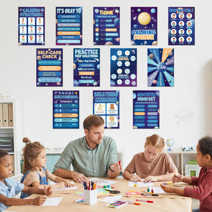 12Pcs Calming Corner Posters for Classroom Space Emotions Feeling Poster for Kids Inspirational Back to School Wall Decor Solar System Mental Health Posters for School Office Home Teacher Supplies