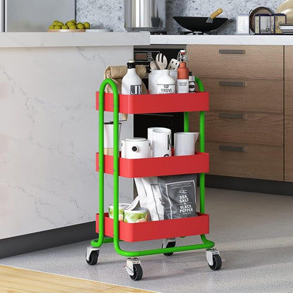 Metal Rolling Cart,3-Tier Metal Rolling Cart with Wheels,3 Tier Utility Cart with Wheels for Office,Home,Kitchen,Garden（13.4"x18.1"x31"） Red+Green
