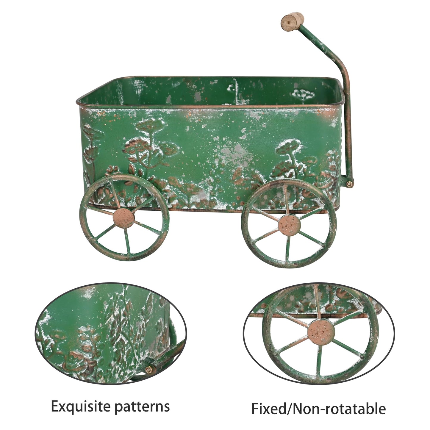 Zokyntrix Flower Cart with Wooden Handles, Metal Wagon Planters for Outdoor Plants, Garden Planter with Wagon Wheels, Decorative Wheelbarrow, Plant Cart for Patio Garden Balcony (Green)