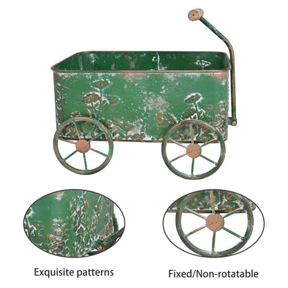 Zokyntrix Flower Cart with Wooden Handles, Metal Wagon Planters for Outdoor Plants, Garden Planter with Wagon Wheels, Decorative Wheelbarrow, Plant Cart for Patio Garden Balcony (Green)