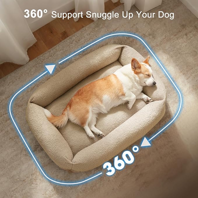 FURTIME Washable Small Dog Bed, Rectangle Comfy Fluffy Kitten Puppy Bed, Removable Zipper Cover Machine Wash, Breathable Orthopedic Bed Durable Pet Cuddler with Anti-Slip Bottom, 20x19x6 in, Beige