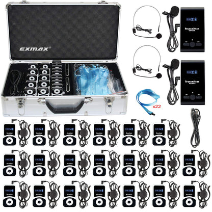 EXMAX Church Translation System Tour Guide Solutions for Social Distancing at Work ATG-100T 195MHz for Meeting Tour Group Exhibition(2 Transmitters & 20 Receivers + Aluminium Alloy Charge Case)