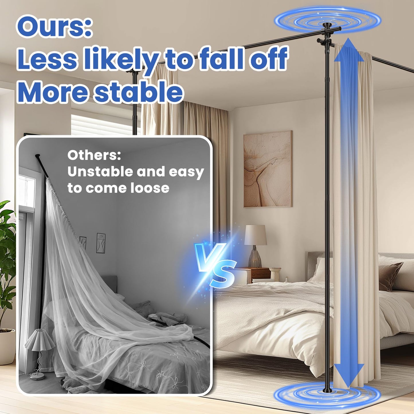Room Divider No Drill Tension Curtain Rods Wall Divider for Room Separation (W) 35-200in×(H) 43-120in Adjustable, Heavy Duty Partition Space Separator Freestanding Tension Curtain Stand, Black
