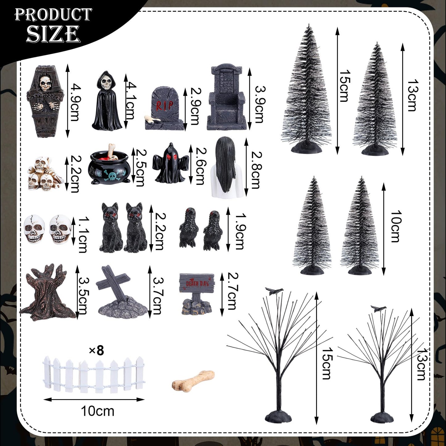 Liliful 32 Pcs Halloween Village Miniature Town Accessories Set Halloween Figurines Spooky Bare Branches Tombstones Skeleton Skulls Resin Horror Village Collections for Party Town Decorations