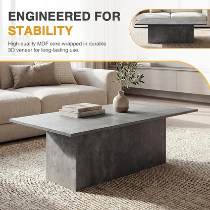 HNY Modern Rectangular Coffee Table Grey Large Center Table 47" Wooden Tea Table Concrete Texture Finish for Living Room, Reception Room, Home Office,Industrial Minimalist