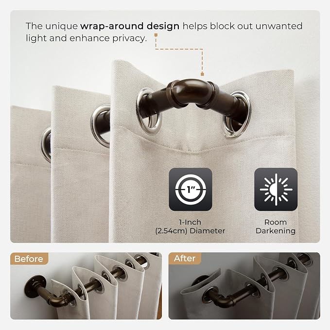 Zeerobee Curtain Rods for Windows 72 to 144, 1 Inch Industrial Wrap Around Antique Bronze Curtain Rod, Indoor/Outdoor Room Divider Adjustable Drapery Pole, 72"-144"