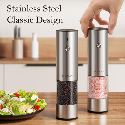 Ultrean Salt and Pepper Grinder Set, Rechargeable Salt and Pepper Shakers, 6 Adjustable Coarseness, LED Light, Kitchen Gadget Cooking Gifts Valentines Day Gifts for Him Her Mom Dad, Stainless Steel