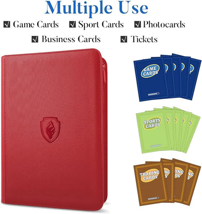Premium Zip Card Binder, Fabmaker 9 Pocket Trading Card Binder, PU Cover Zipper Card Collection Album, Sturdy 360 Side-Loading Card Folder Holder for Game & Sports Cards, Red