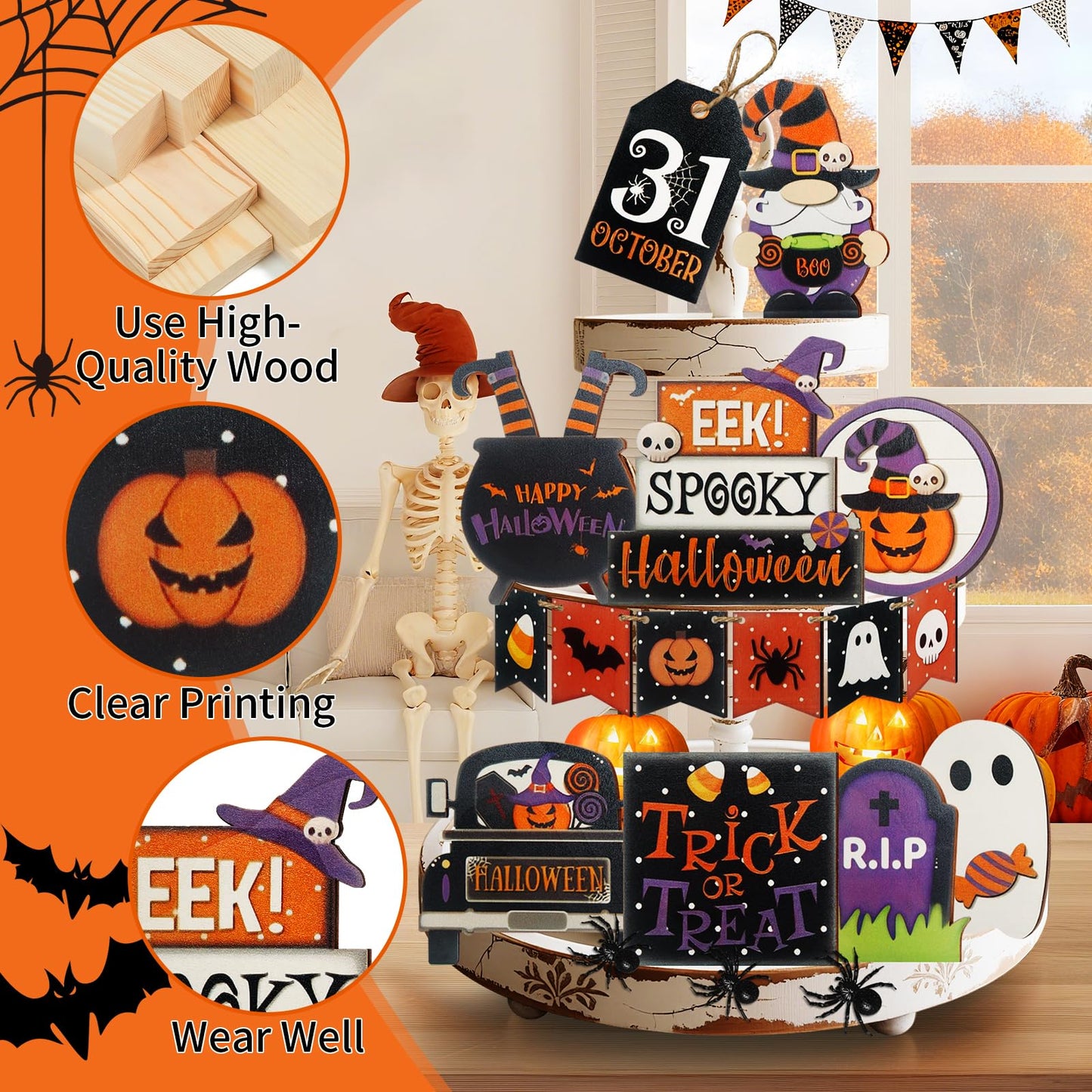 15 Pcs Halloween Tiered Tray Decor Set, Cute Pumpkin Ghost, Halloween Wooden Layered Tray Decorations, in a Rustic Style, Great Items for Party Tables