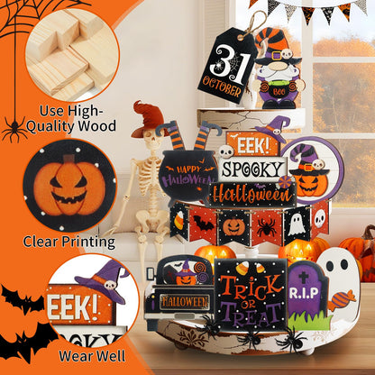 15 Pcs Halloween Tiered Tray Decor Set, Cute Pumpkin Ghost, Halloween Wooden Layered Tray Decorations, in a Rustic Style, Great Items for Party Tables