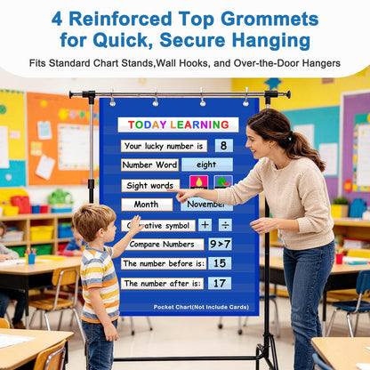 Standard Pocket Chart Clear 10 Pockets Chart for Classroom & Home Heavy Duty Hanging Pocket Chart for Word Wall/Letter Cards/Sentence Strips 28Wx43L,Blue