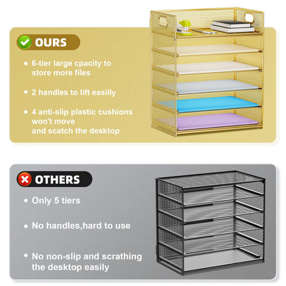 Marbrasse 2 Pack Desk Organizer with Handle, 6 Tier Paper Letter Tray, Mesh Desk File Organizer for Office, School and Home - Gold