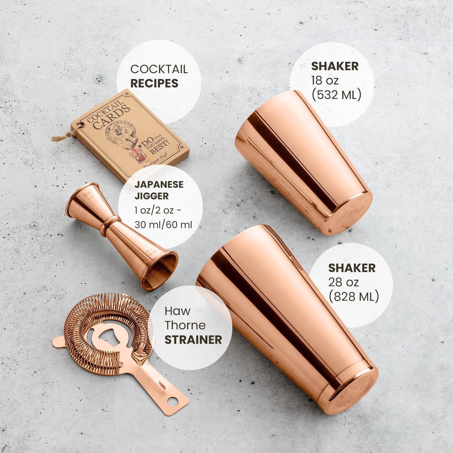 Mixology & Craft Cocktail Shaker Set Boston Shaker, Strainer and Japanese Jigger, Portable Bar Set for Home Bartending (Copper)
