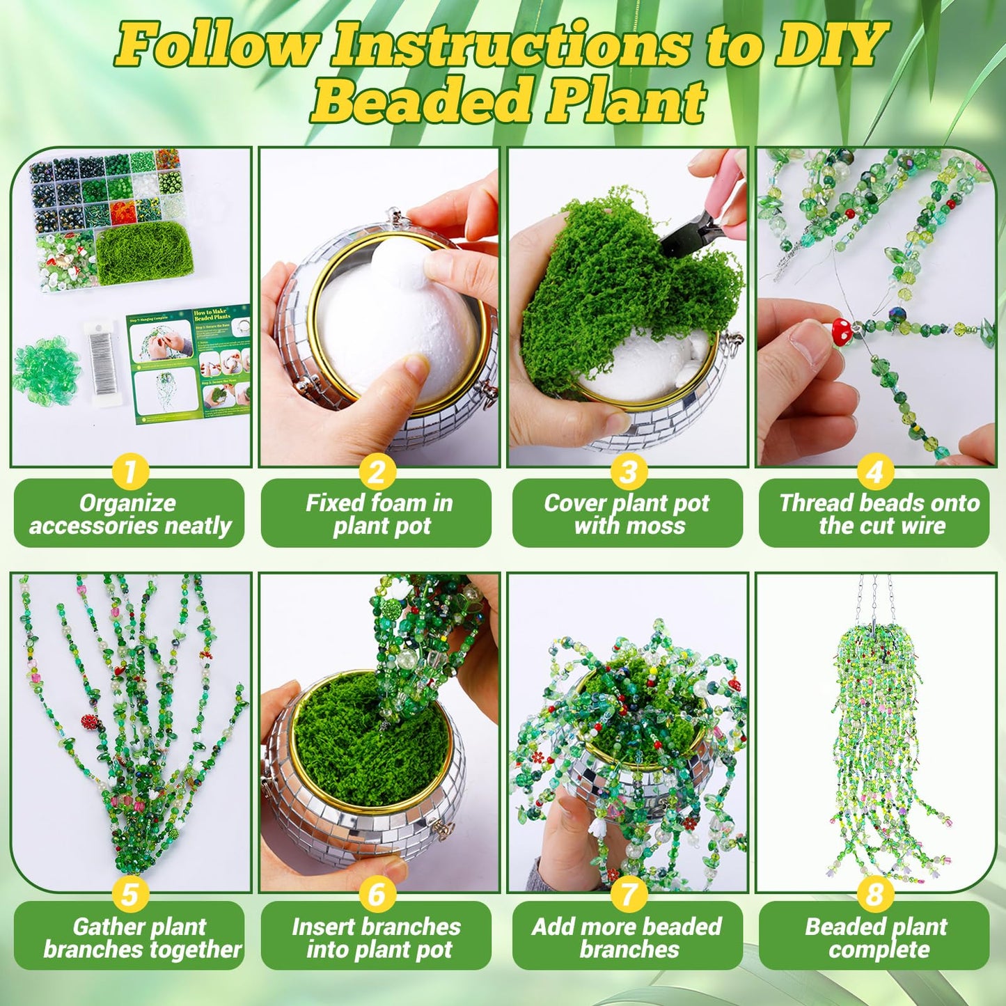 FOGWOWO 2628 Pcs Beaded Plant Kit Green Beads for Beaded Plants,Forever Plant Kit Green Glass Beads Plant Beads for Plants Making,Glass Leaf Bead for Jewelry Making DIY Crafts