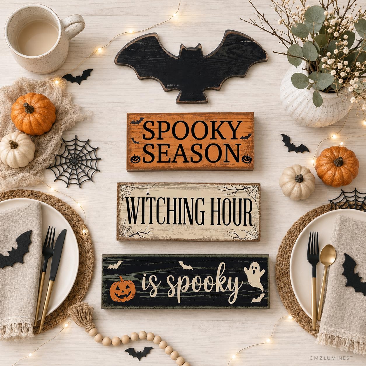 4 Pcs Halloween Table Decorations, Wooden Bat Tiered Tray Decor, Farmhouse Rustic Block Signs, Spooky Season Tabletop Centerpiece for Home Kitchen Shelf Office Mantel