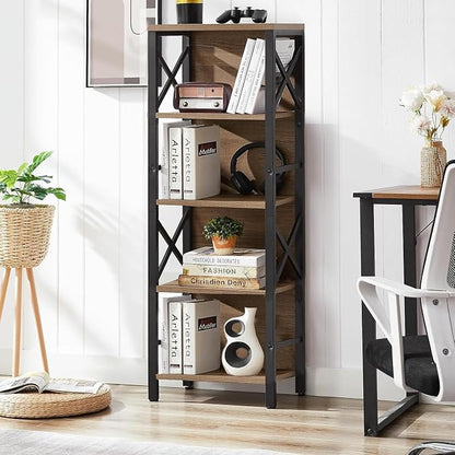 MNEETRUNG Small Bookshelf,5 Tier Industrial Bookshelf with Metal Frame and Backboard,Narrow Rustic Brown Book Shelf,Book case for Small Spaces,Living Room,Bedroom and Home Office