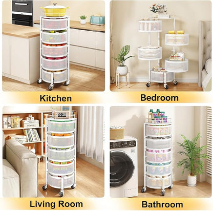 SNTD Fruit and Vegetable Basket Bowls for Kitchen with Metal Top Lid, 5 Tier Rotating Storage Rack Cart for Potato Onion Banana, Wire Basket Organizer on Wheels, Large (White)