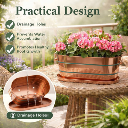 Zonon 3 Pack Galvanized Tub with Handles 17/12/10 Inch Large Metal Planter Set for Indoor Outdoor, Stackable Rustic Retro Flower Pots with 4 Drainage Holes