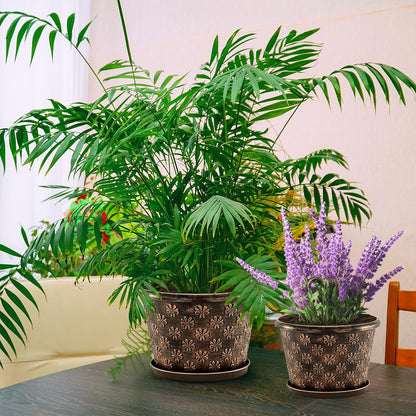 12 Inch Planter Pots for Plants, Plastic Large Flower Pots Indoor Outdoor, 4 Pack Resin Plant Pot with Drainage & Saucer, Retro Decorative Garden Pot with Removable Trays for House