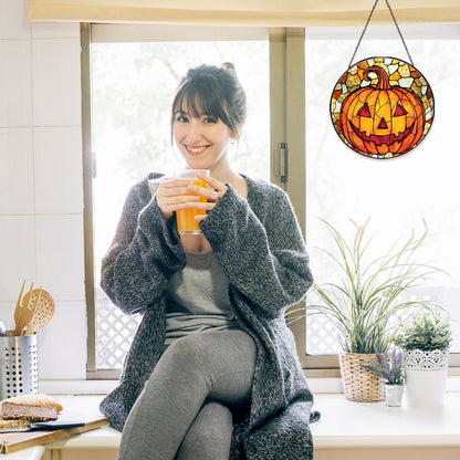 RVEAFA Pumpkin Stained Glass Window Hanging Horror Sun Catcher Decor Halloween Suncatchers for Garden Home Windows Hanging Decoration, 7.87inch