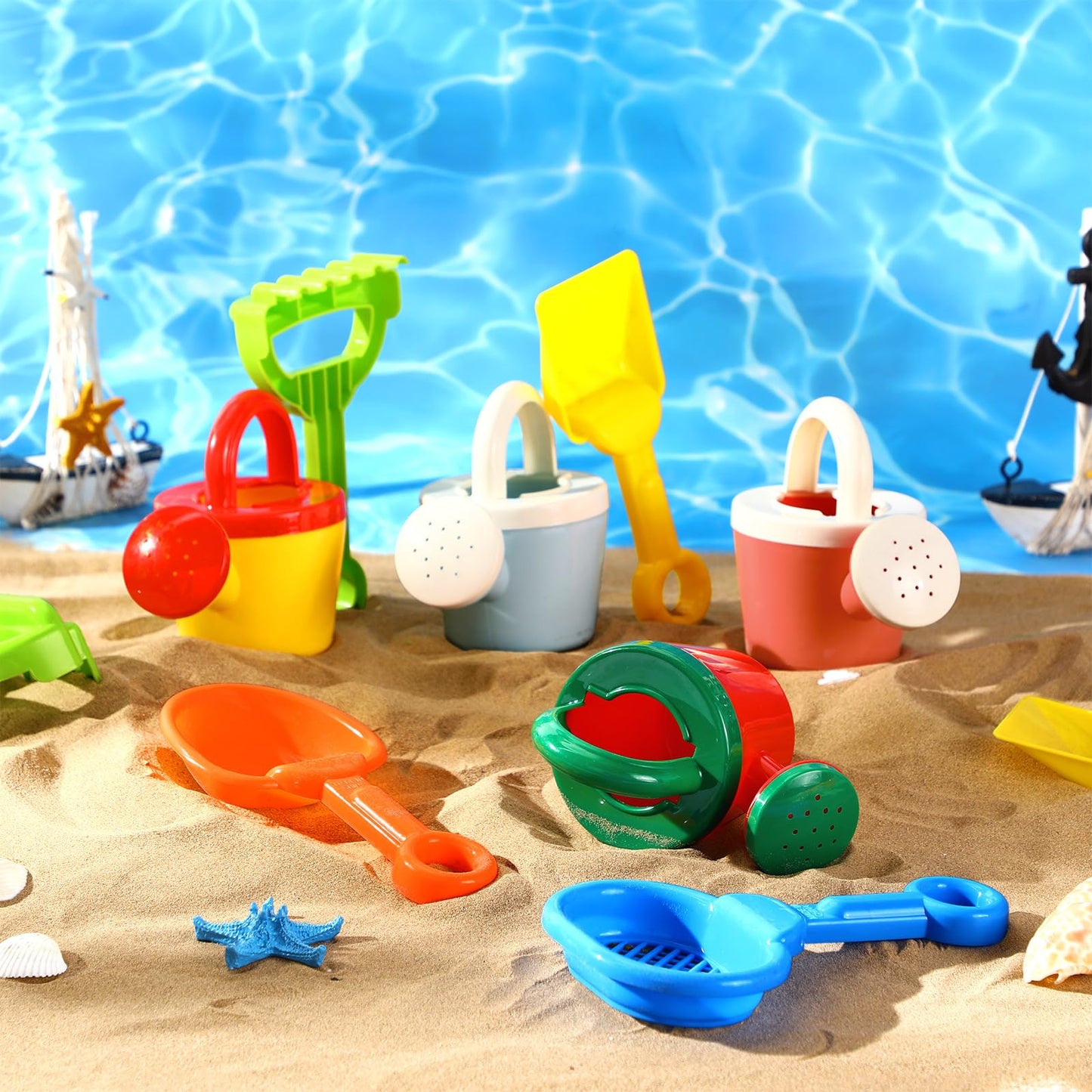 Sosation 24 Pcs Kids Watering Can and Beach Sand Shovel Set 12 Small Plastic Watering Can Bulk 12 Sand Shovels Mini Water Pail with Handle Outdoor Play Toys Child Gardening Tools for Girl Boy Gift
