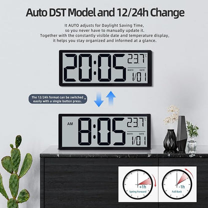 16" Large Digital Wall Clock Battery Operated with Big Display Numbers, Temperature and Date, Auto DST and Alarm, for Office, Classroom, Gym, Bedroom, Living Room