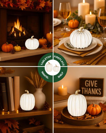 GoGnome Set of 2 White & Gold Decorative Pumpkins – Resin Fall Harvest Table Centerpiece, Elegant Autumn Décor for Thanksgiving Decoration Farmhouse Home (White)