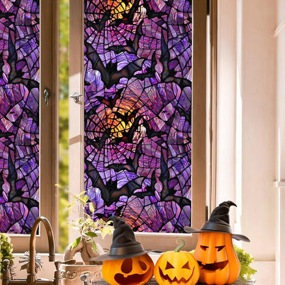 Halloween Window Stickers Privacy Film Static Window Sticker Decal Halloween Bat Window Decals Film Purple Stained Glass Clings Windows Art for Home School Office Glass Decoration