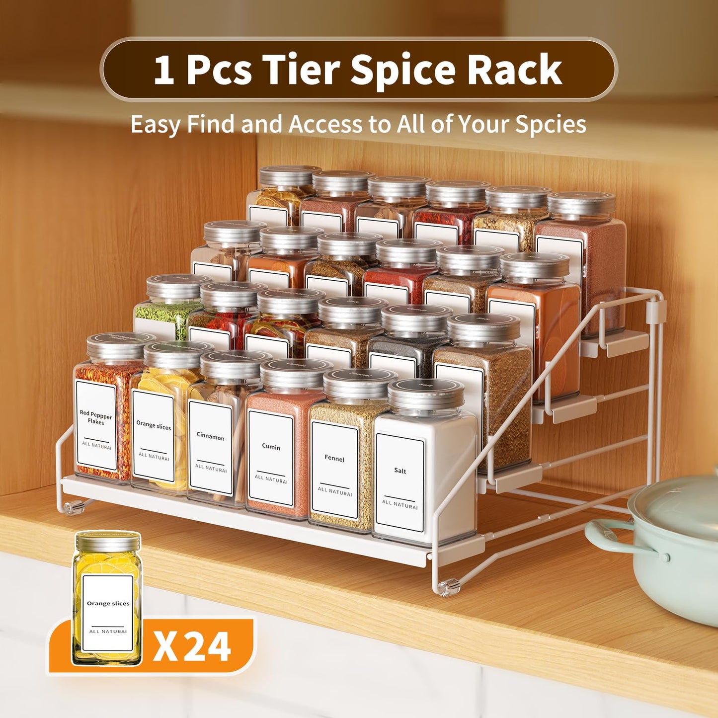BOIVSHI Tiered Spice Rack, 4 Tier Spice Shelf Organizer for Cabinet, Spice Rack Organizer, Depth Adjustable Seasoning Rack Organizer for Cabinet, Countertop, Pantry, Metal, White (1 Pack)