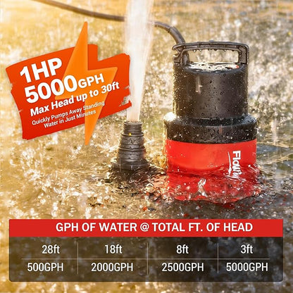 1HP 5000GPH Sump Pump - Clean/Dirty Water Portable Transfer Submersible Pump with Float Switch for Swimming Pool, Garden Pond, Basement with 10ft Power Cord,Remove Water Level Down to 0.2"
