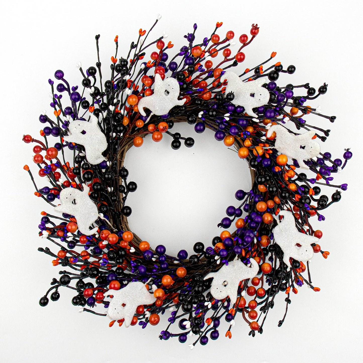 MG MagicGarden 20-Inch Halloween Wreath - Handmade Orange & Black Berry Wreath with Adorable Mini Ghosts, Spooky Front Door Decor for Halloween Party