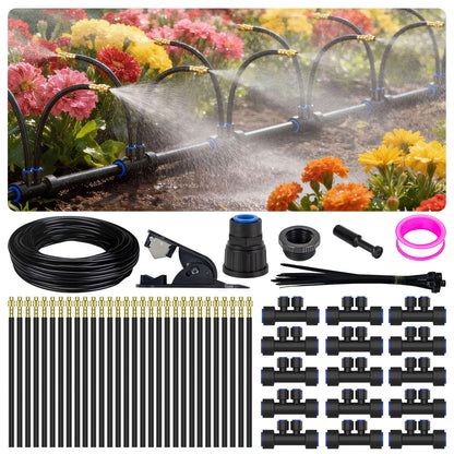 Drip Irrigation System 2 Ports - 360°Adjustable Garden Watering System 50FT with 30 Nozzles, Drip Irrigation Kit for Garden, Yard, Lawn, Greenhouse, Plants, 2/5 inch Hose