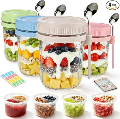 4Pcs Overnight Oats Containers with Lids and Spoons,16oz Glass Meal Prep Jars with Measurement Marks, Leak-Proof Breakfast Food Storage for Yogurt, Cereal, Salad, BPA-Free (4 Colors)