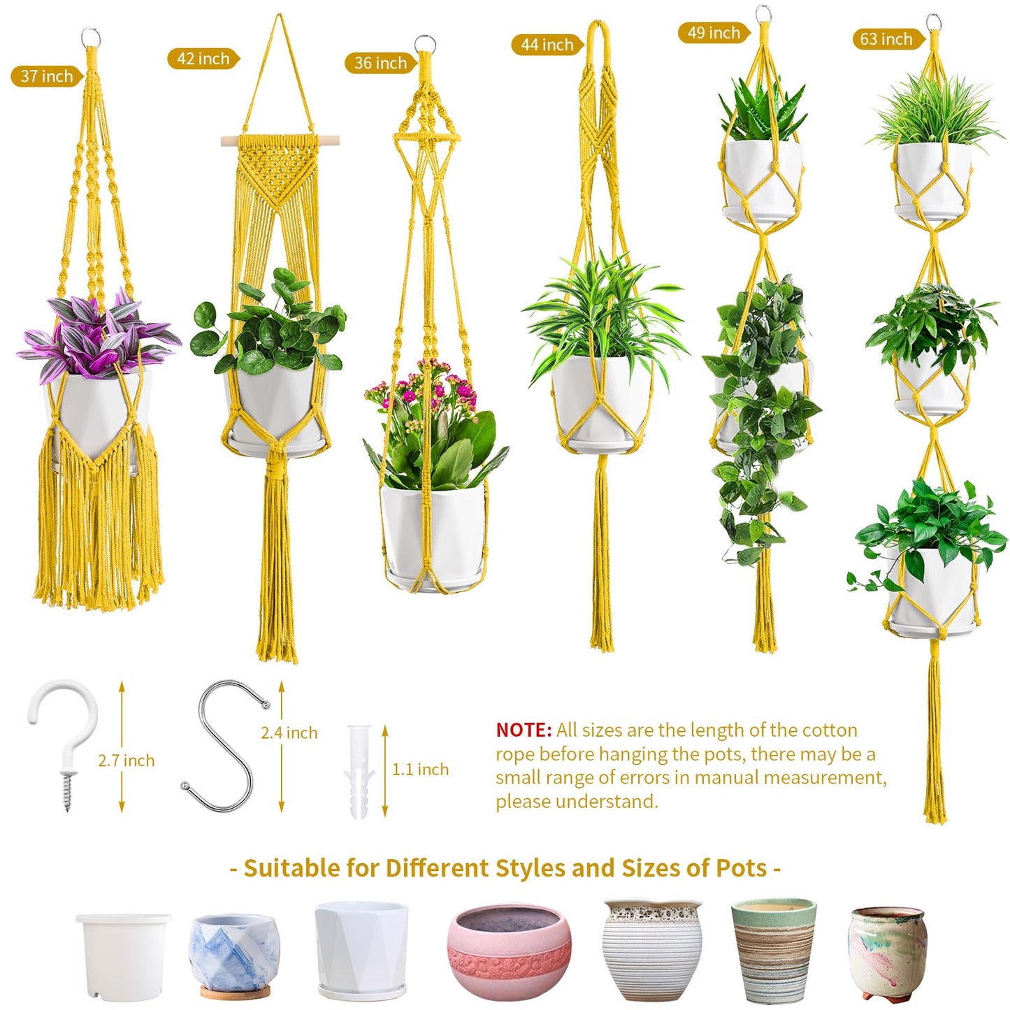 SFENNGPET Macrame Plant Hangers, 6Pack Hanging Planters for Indoor Plants w/ 6 Set Hangers Kit Handmade Macromay Plant Hangers Indoor Flower Pots Holder Stand for Boho Home Décor (POTS NOT Included)