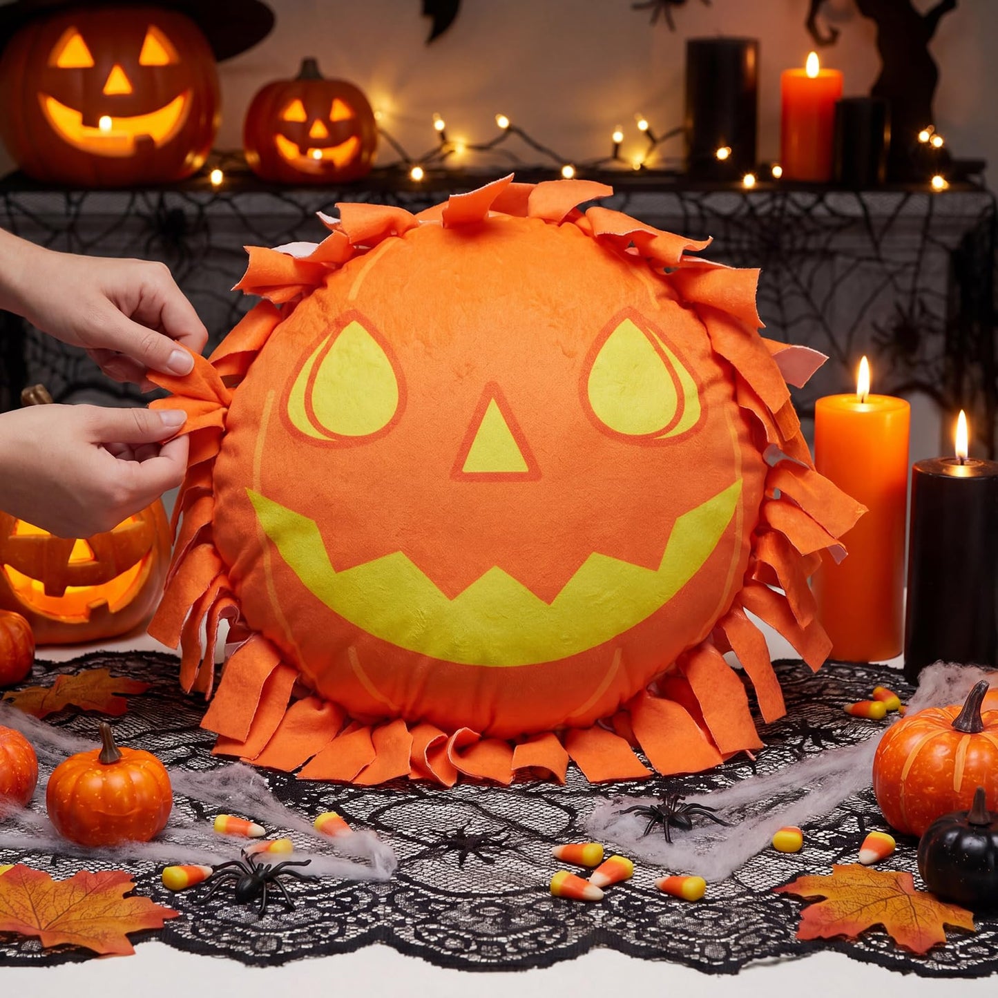 Weysat 6 Sets Halloween Pumpkin Tied Pillow Craft Kit Jack-O'-Lantern DIY Pillow Craft Gifts with Pumpkin for Halloween Home Decorative Couch Sofa Classroom Giveaways
