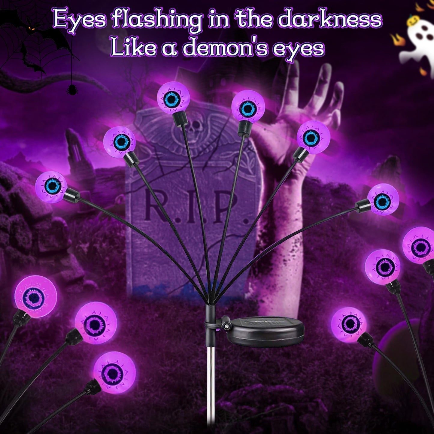 Outdoor Halloween Decorations - Swaying Solar Eyeball Lights, 2PCS 12LED Firefly Lights, 2 Mode Waterproof Path Lights for Yard, Garden, Lawn, and Party Decor (Purple)