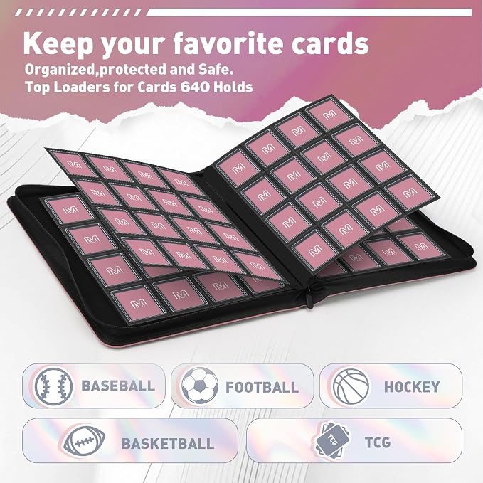 16 Pocket Toploader Binder,Holds 640 Top Loaders,Top Loader Binder for 3" x 4"Rigid Cards,Sleeves Card Collection Binder,20 Double Sided Pages,Compatible with Trading & Sports Holder (16Pink)