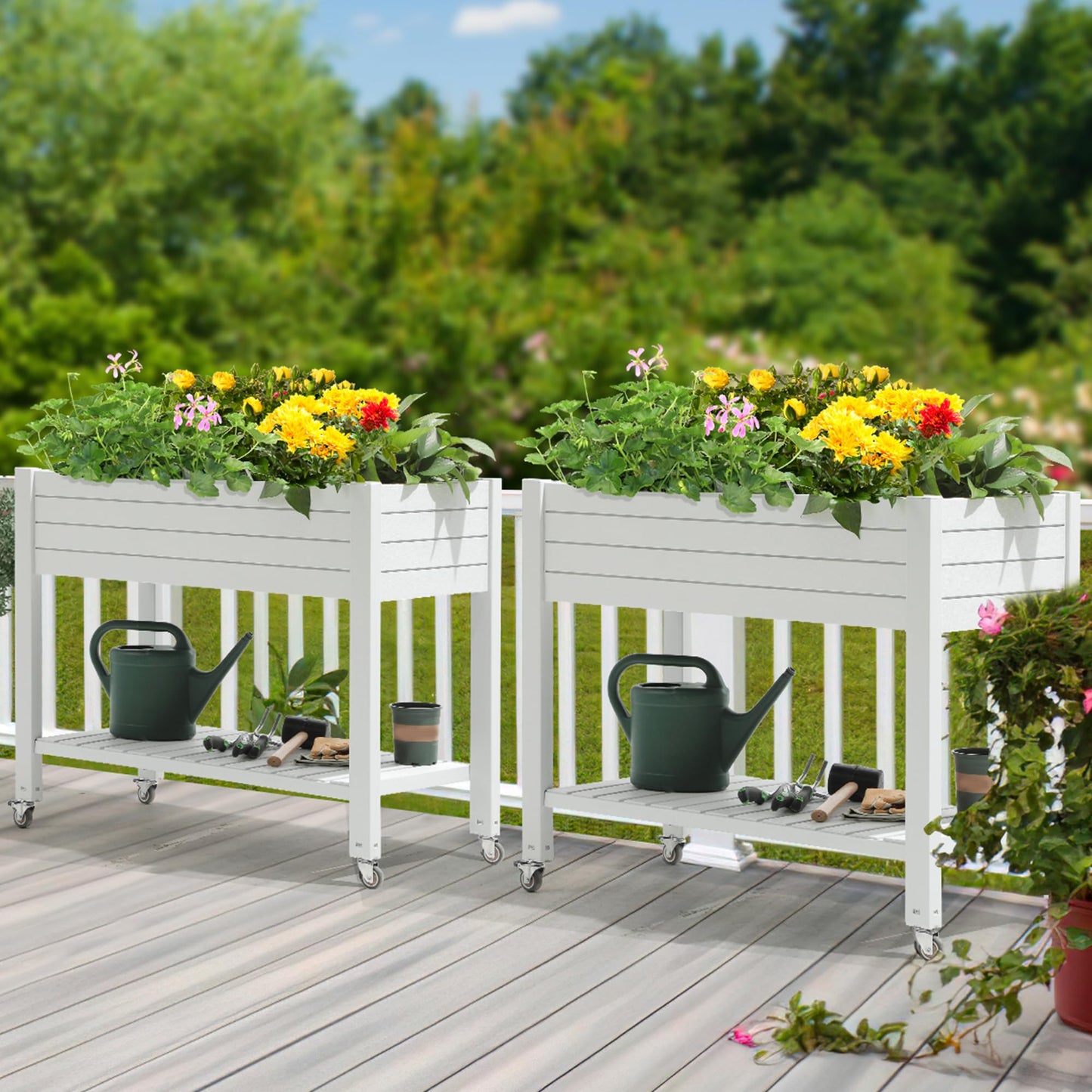 YITAHOME 43.3x17.7x34 in Elevated Garden Bed 2pcs, Outdoor Plastic Planter Box with Wheels, Legs, Drain Plug, and Storage Shelf for Plants, Vegetables, Flowers, Herbs, Grayish-White