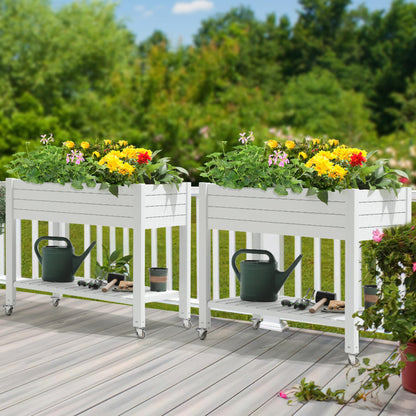 YITAHOME 43.3x17.7x34 in Elevated Garden Bed 2pcs, Outdoor Plastic Planter Box with Wheels, Legs, Drain Plug, and Storage Shelf for Plants, Vegetables, Flowers, Herbs, Grayish-White