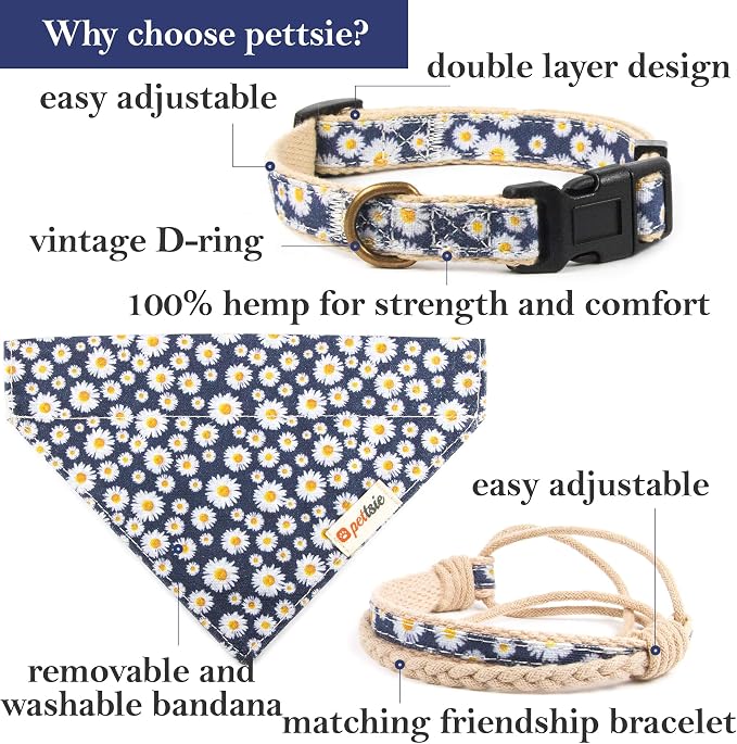 Pettsie Hemp Dog Bandana Collar & Matching Owner Friendship Bracelet | Matching Friendship Bracelet, Adjustable, Durable Hemp, Soft & Comfortable, Secure D-Ring, Blue